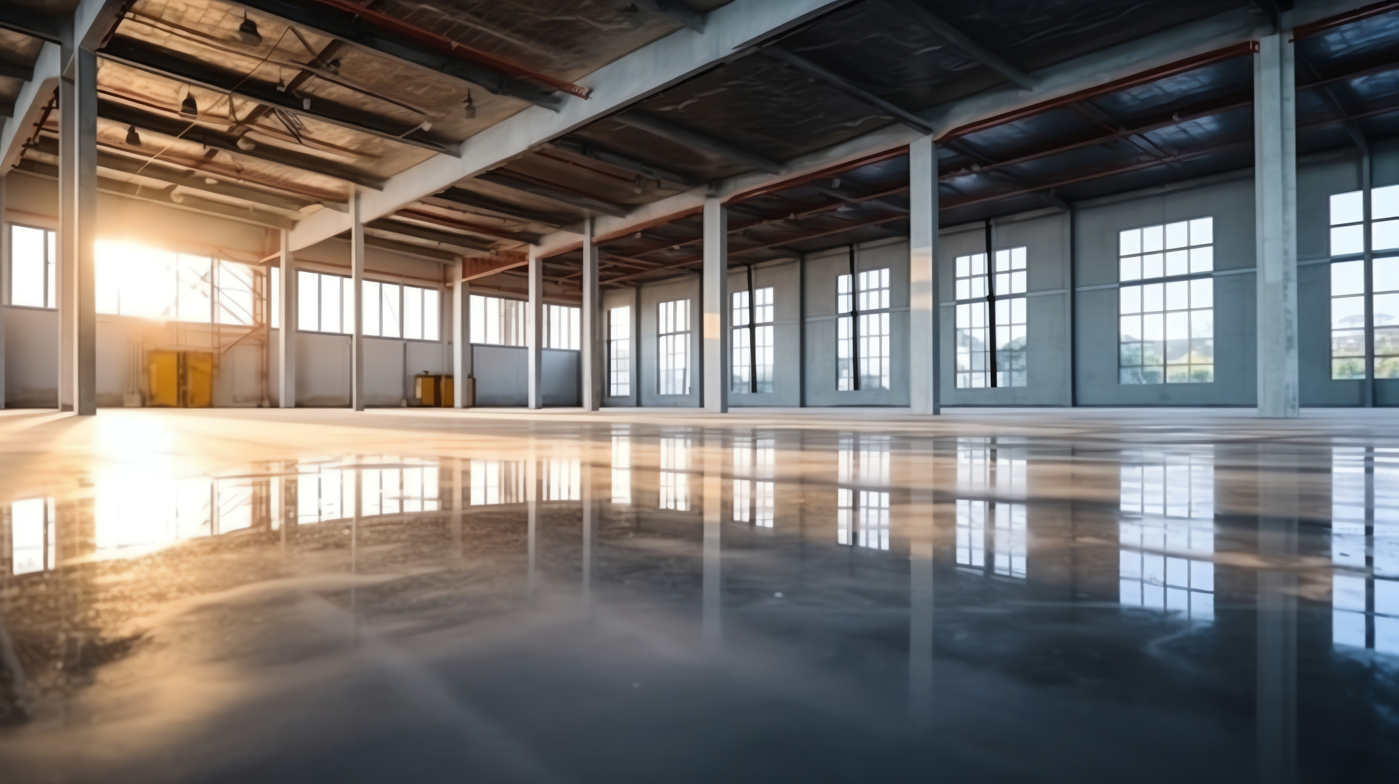 Entrepôt vide avec sol brillant au coucher du soleil.