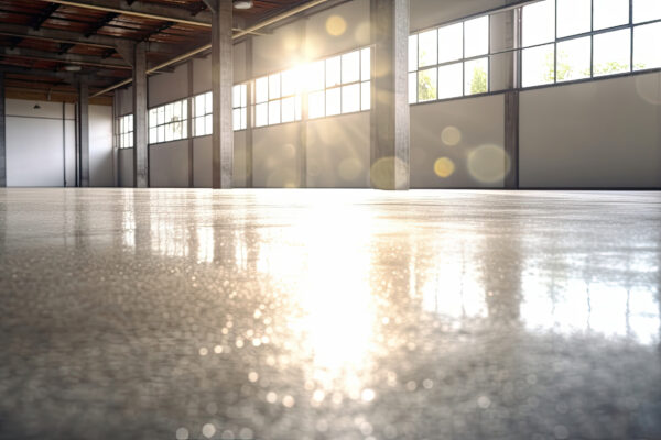 Intérieur lumineux d'entrepôt vide avec sol brillant.