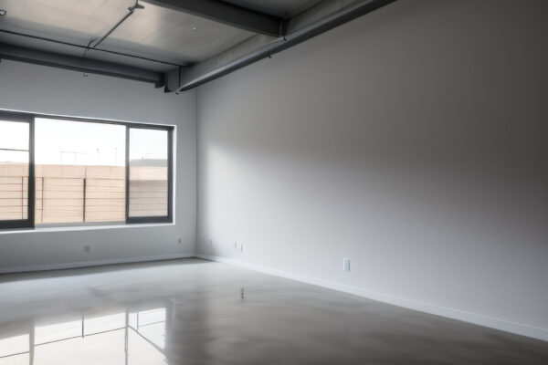 Salle vide éclairée avec parquet brillant.