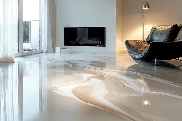 Salon moderne avec sol en marbre brillant.