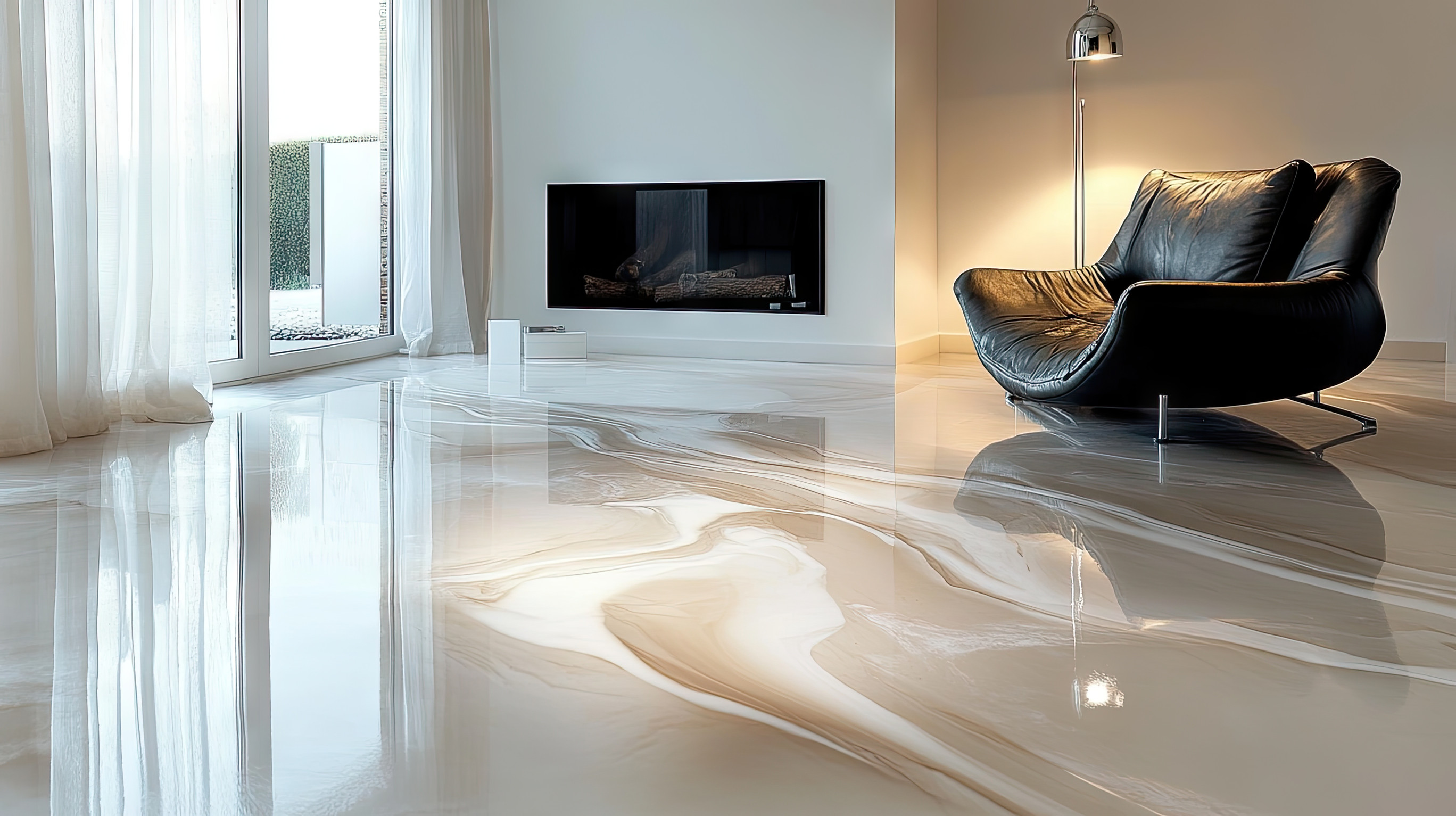 Salon moderne avec sol en marbre brillant.