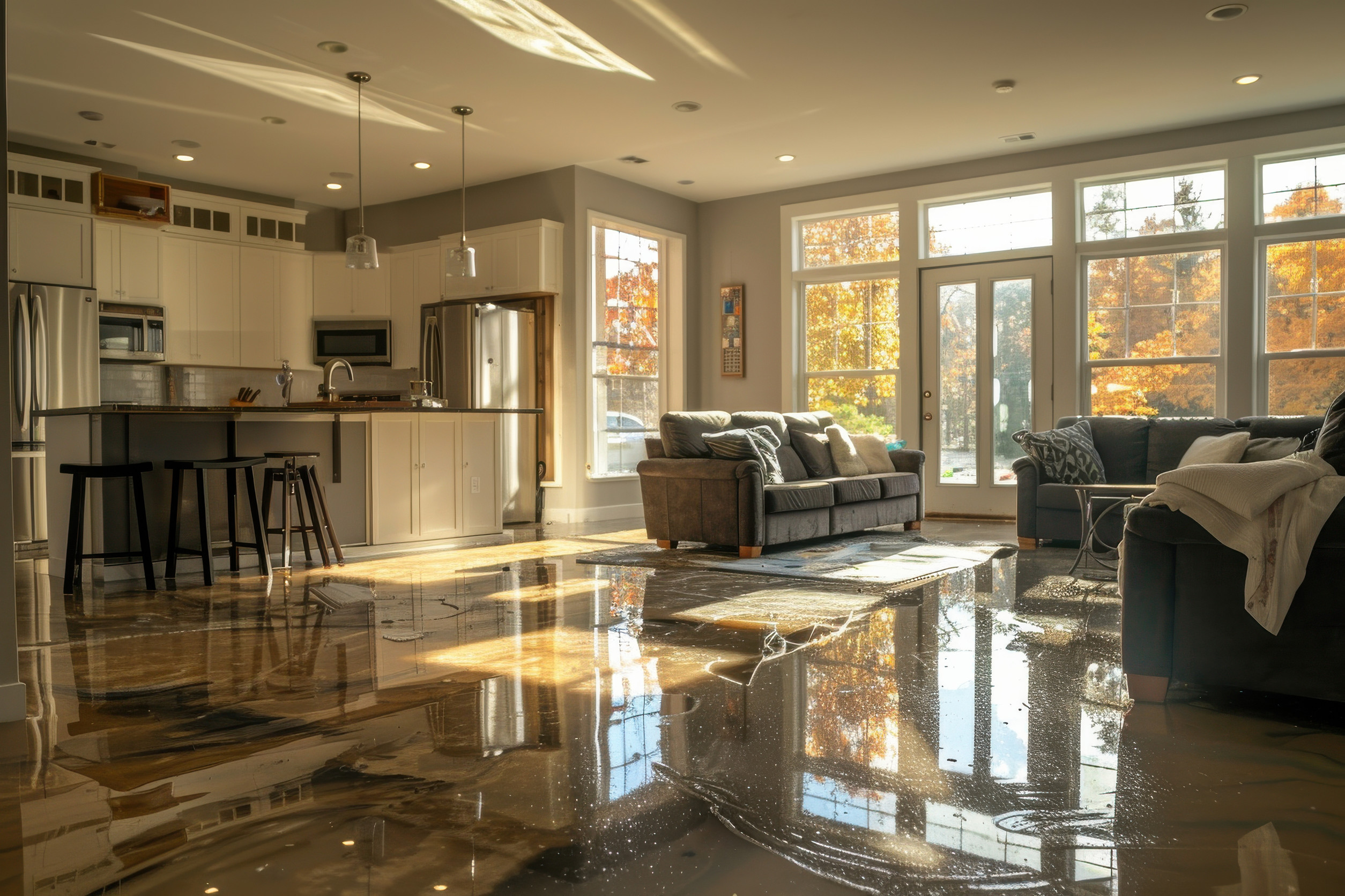 Salon inondé avec lumière extérieure vive.